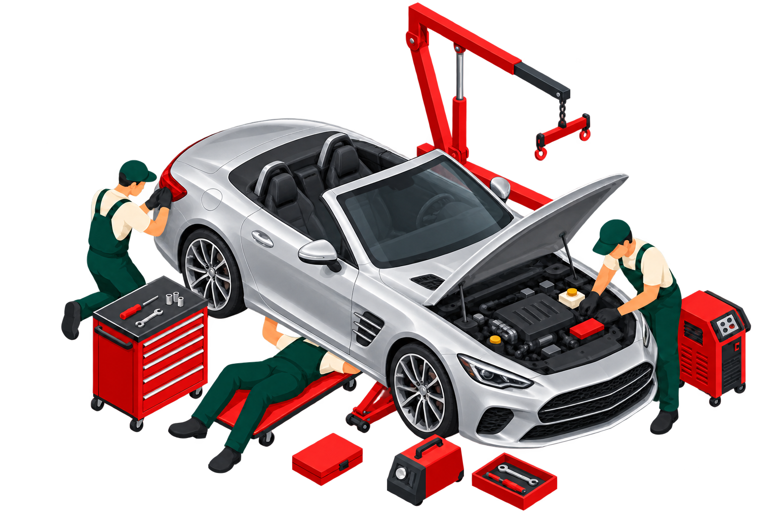 Ilustración isométrica de un automóvil roadster plateado en servicio dentro de un taller